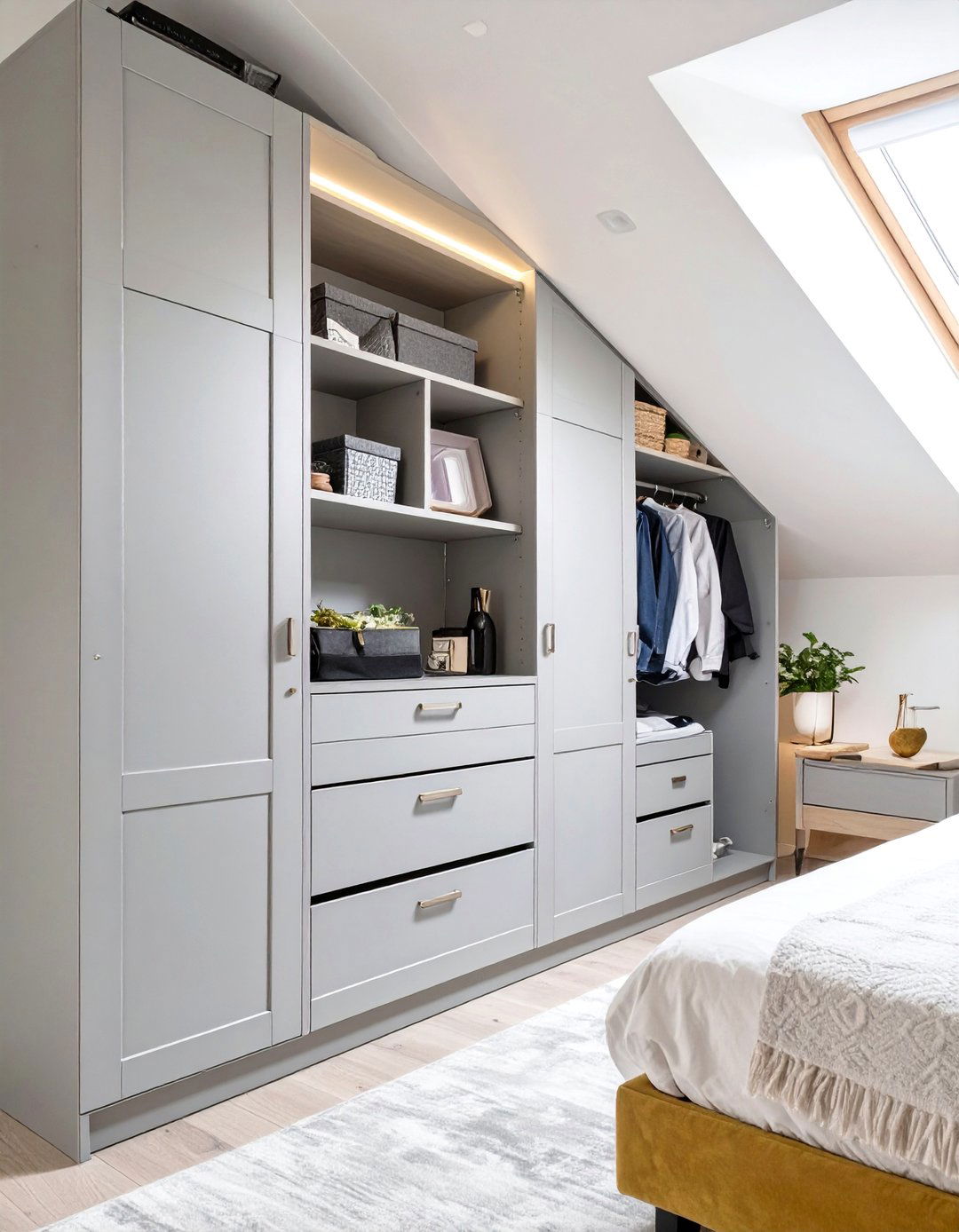 Wall to Wall Built In Wardrobes Along the Slanted Wall - 30 slanted ceiling low ceiling attic bedroom ideas