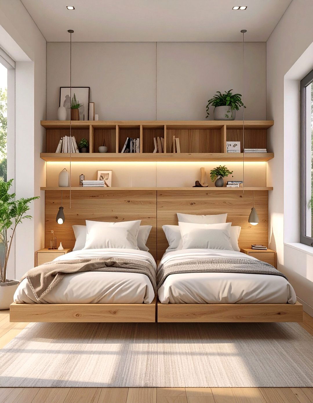 Wall to Wall Headboard Shelf - 30 twin bedroom ideas for small rooms