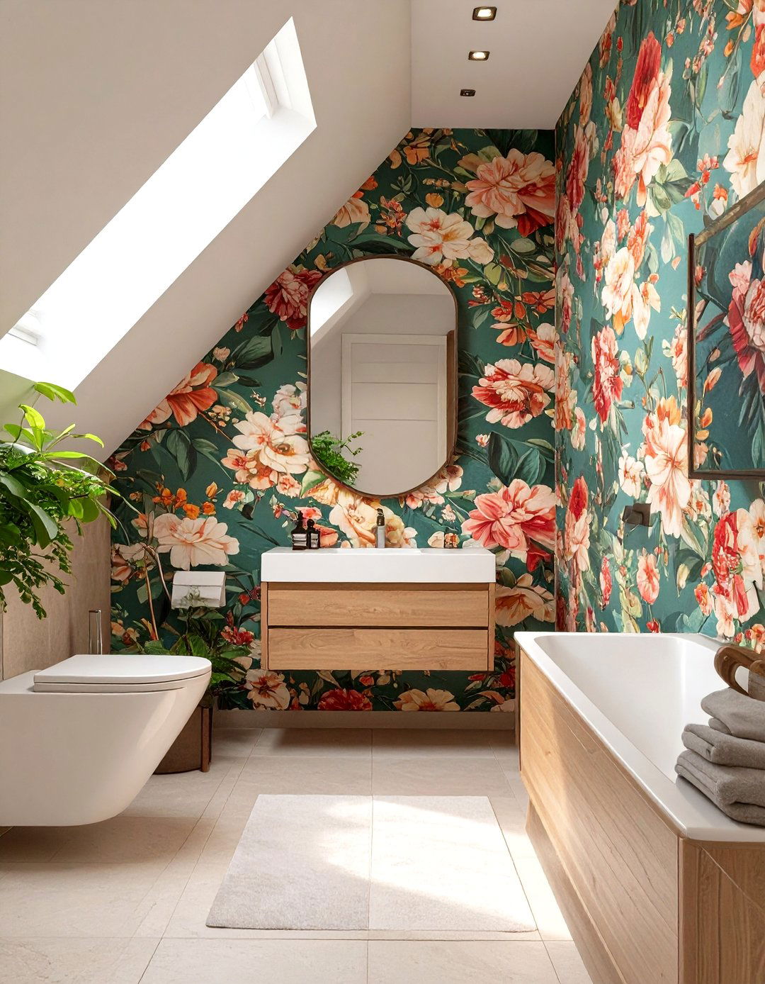Wallpapered Accent Wall - 30 attic bathroom ideas