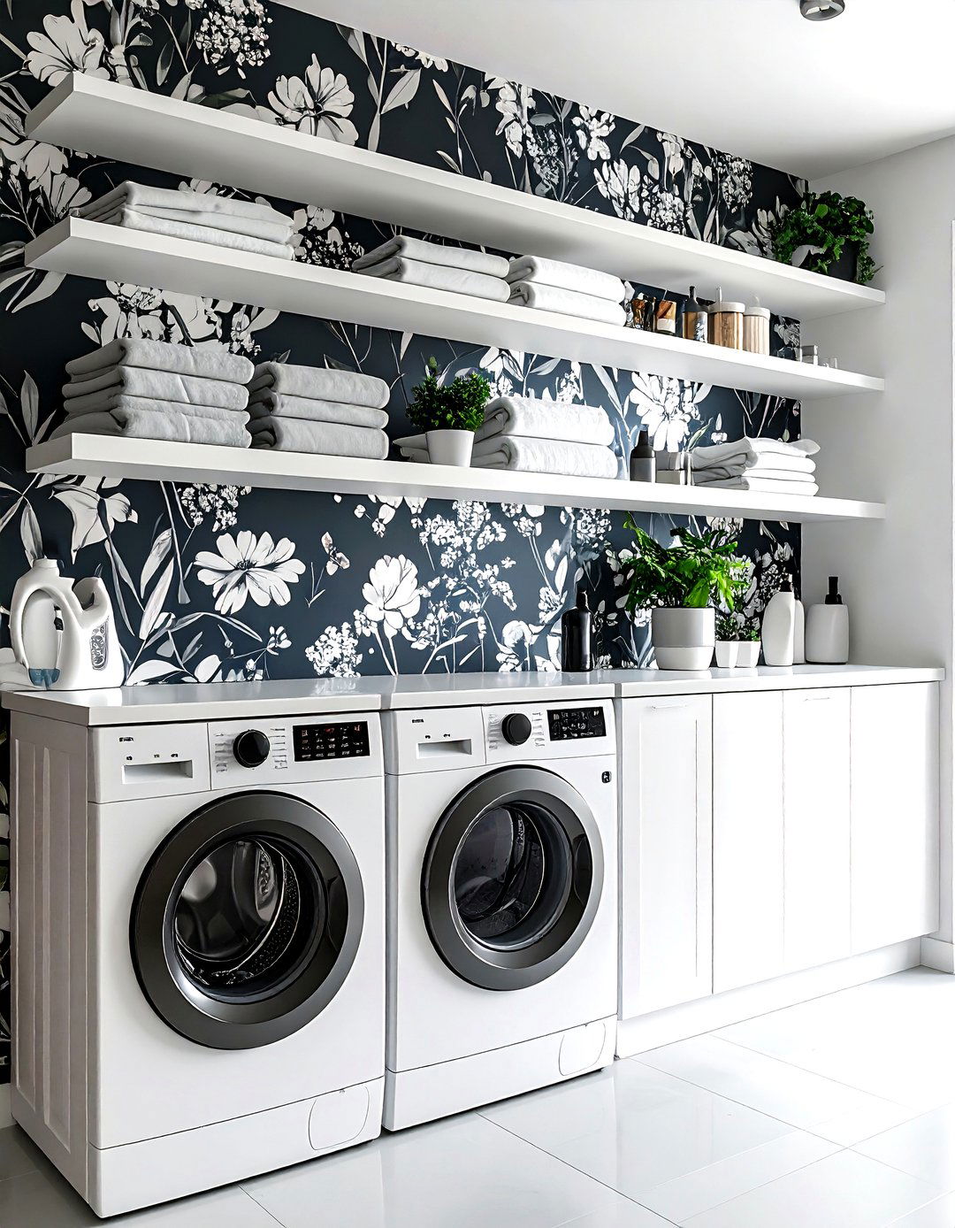 Wallpapered Nook with Floating Laundry Room Shelves - 30 laundry room shelves ideas