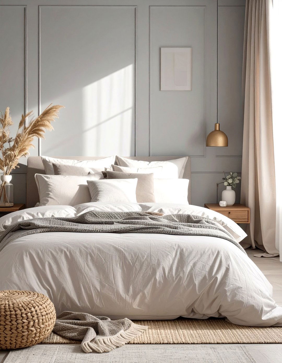 Warm Grey Bedroom with Cream Details - 30 simple grey bedroom ideas
