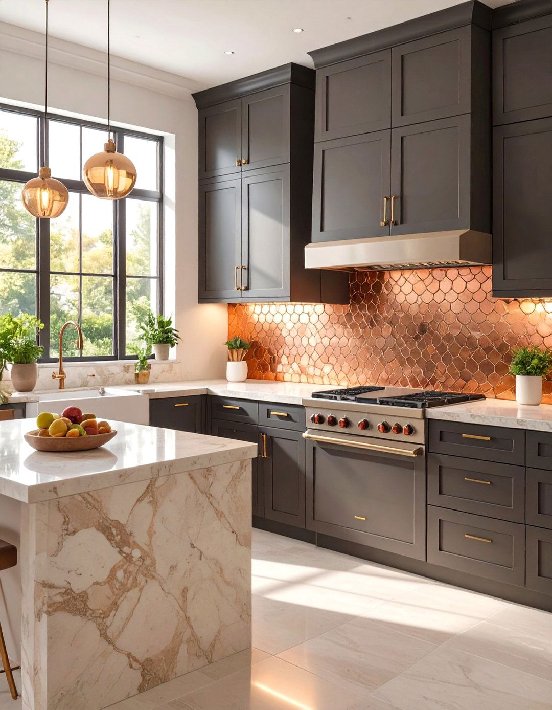 Warm Metallic Penny Tiles - 30 backsplash ideas for dark cabinets and light countertops