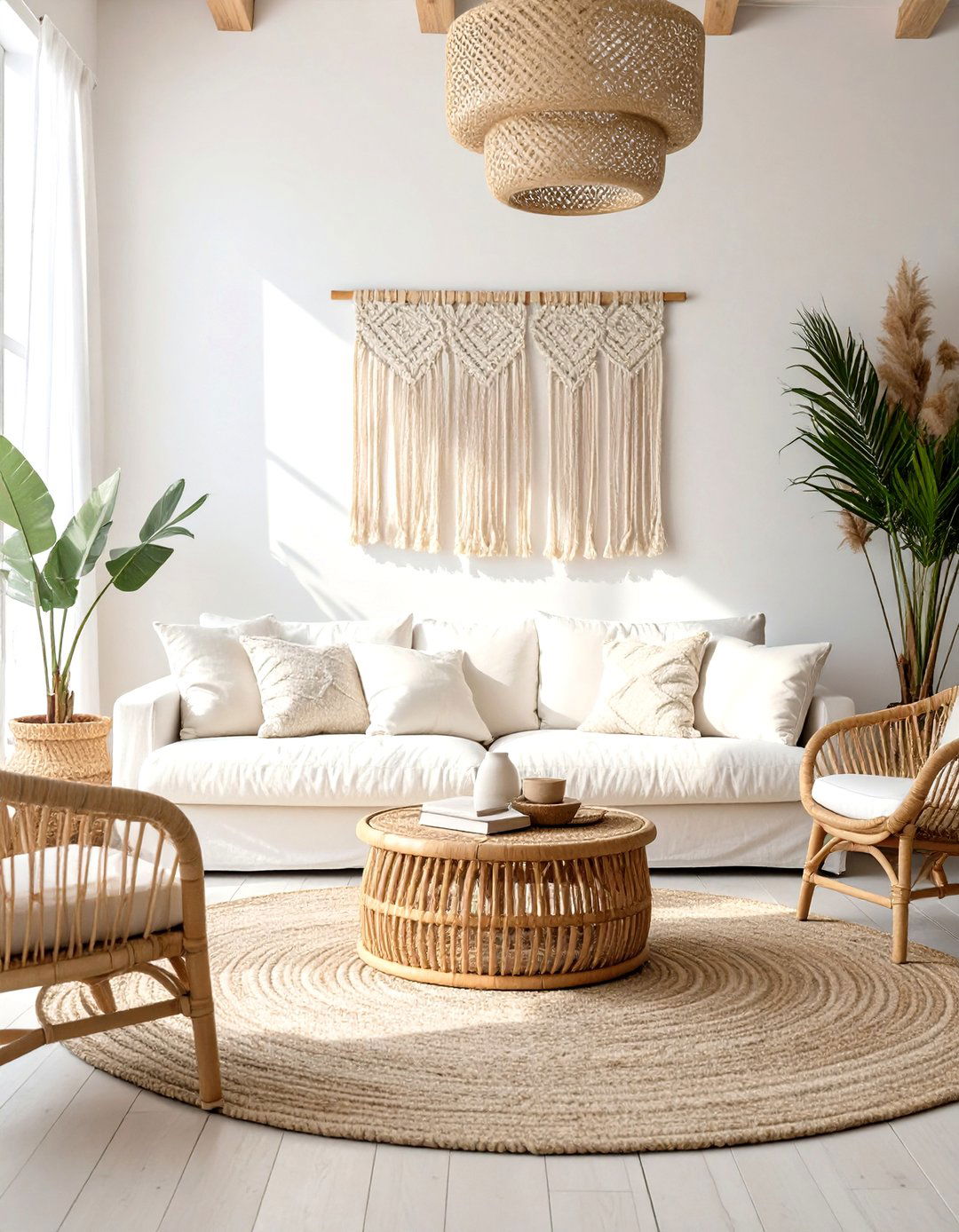 Warm White and Rattan Living Room - 30 neutral living room color ideas