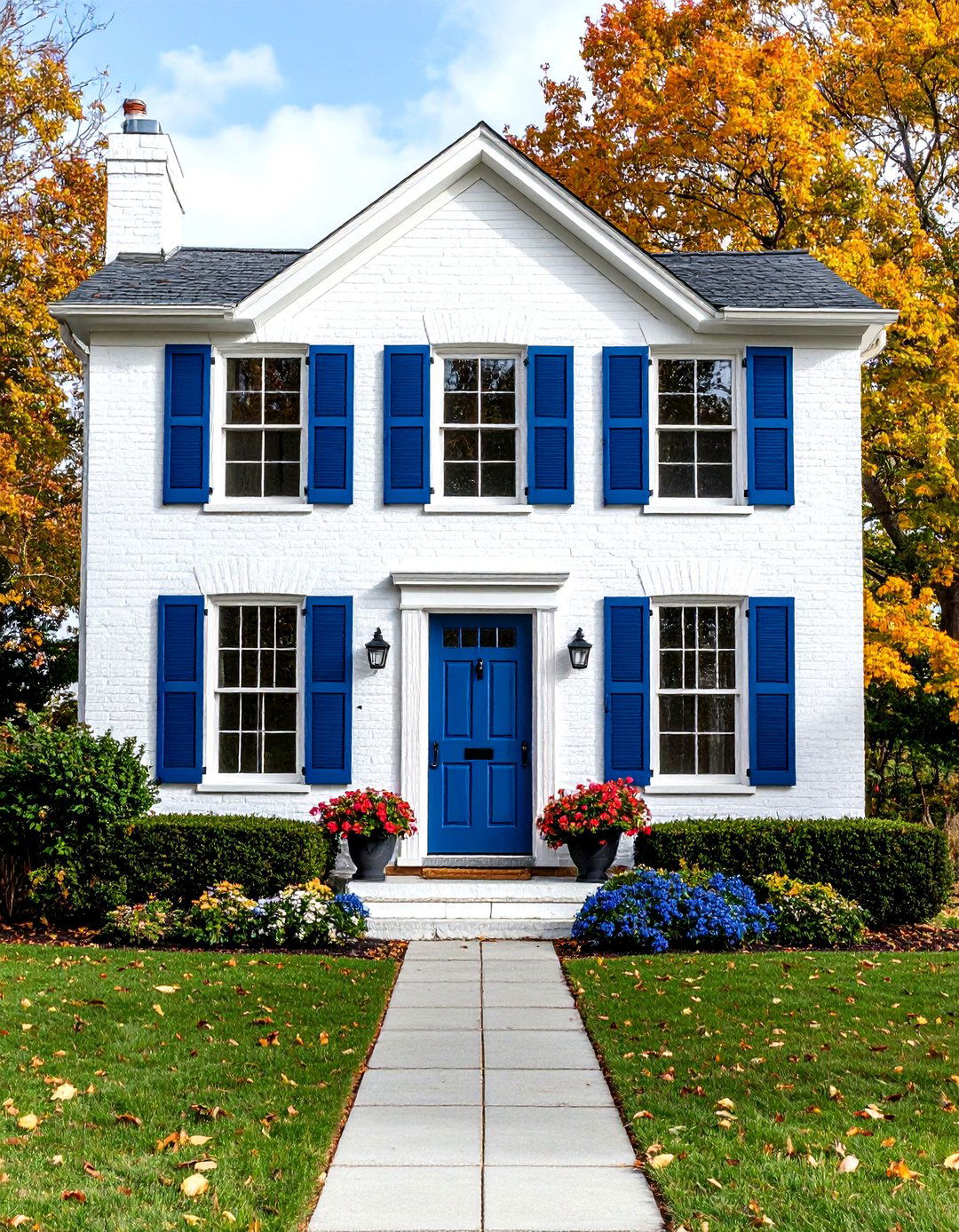 Warm White with Contrasting Shutters - 30 exterior brick paint color ideas