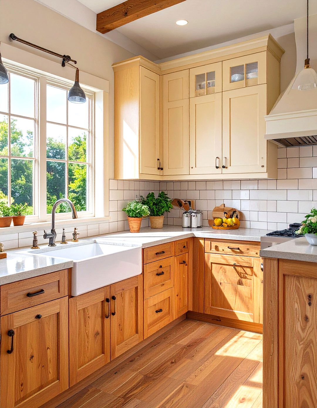 Warm Wood Lower Cabinets with Cream Uppers - 30 two tone kitchen cabinet ideas