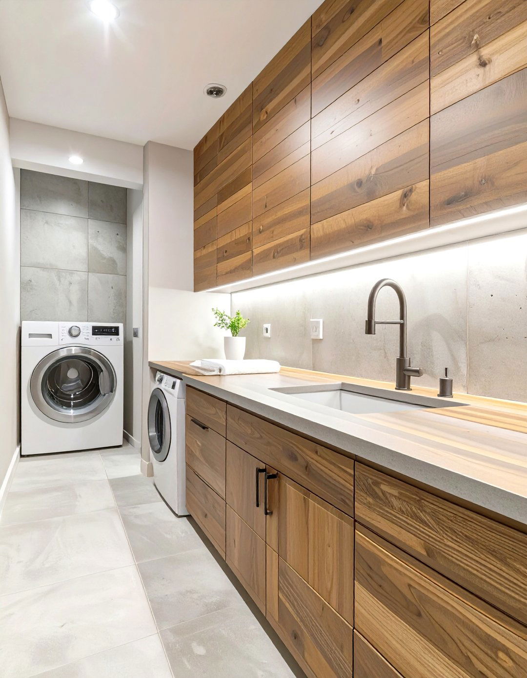 Warm Wood and Concrete Basement Laundry Room - 30 concrete basement laundry room ideas