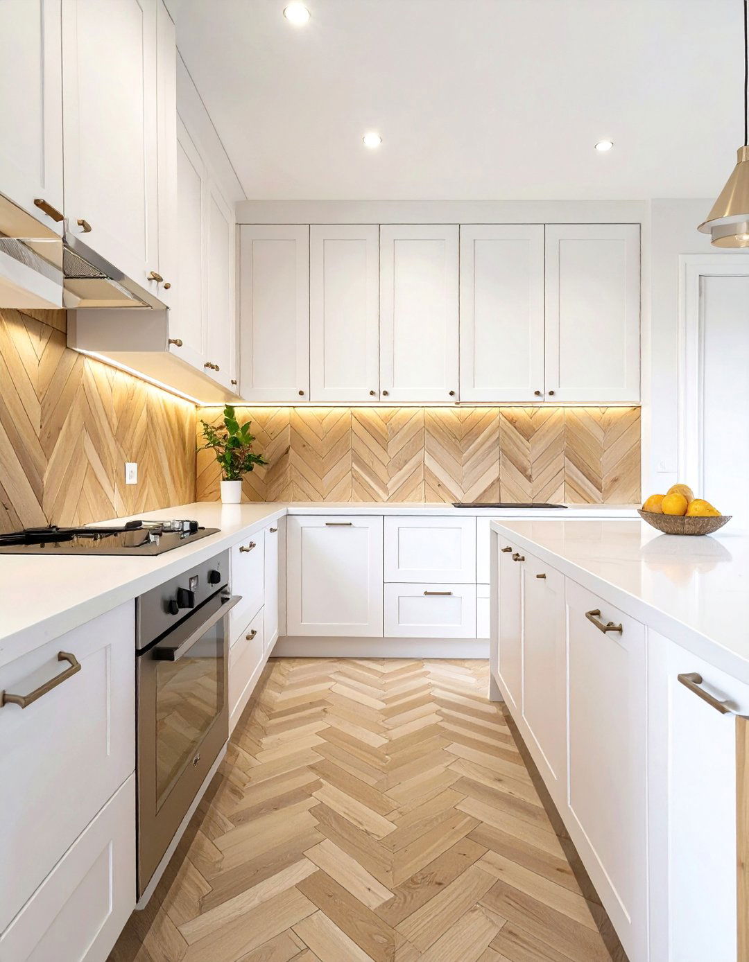 Warm Wooden Chevron Backsplash - 30 backsplash ideas for white cabinets and quartz countertops