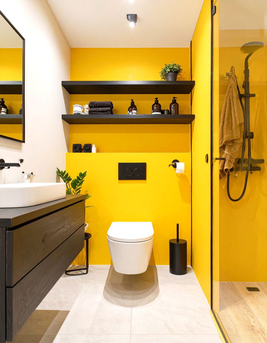Warming with Ochre Yellow - 30 small bathroom color trends 2025