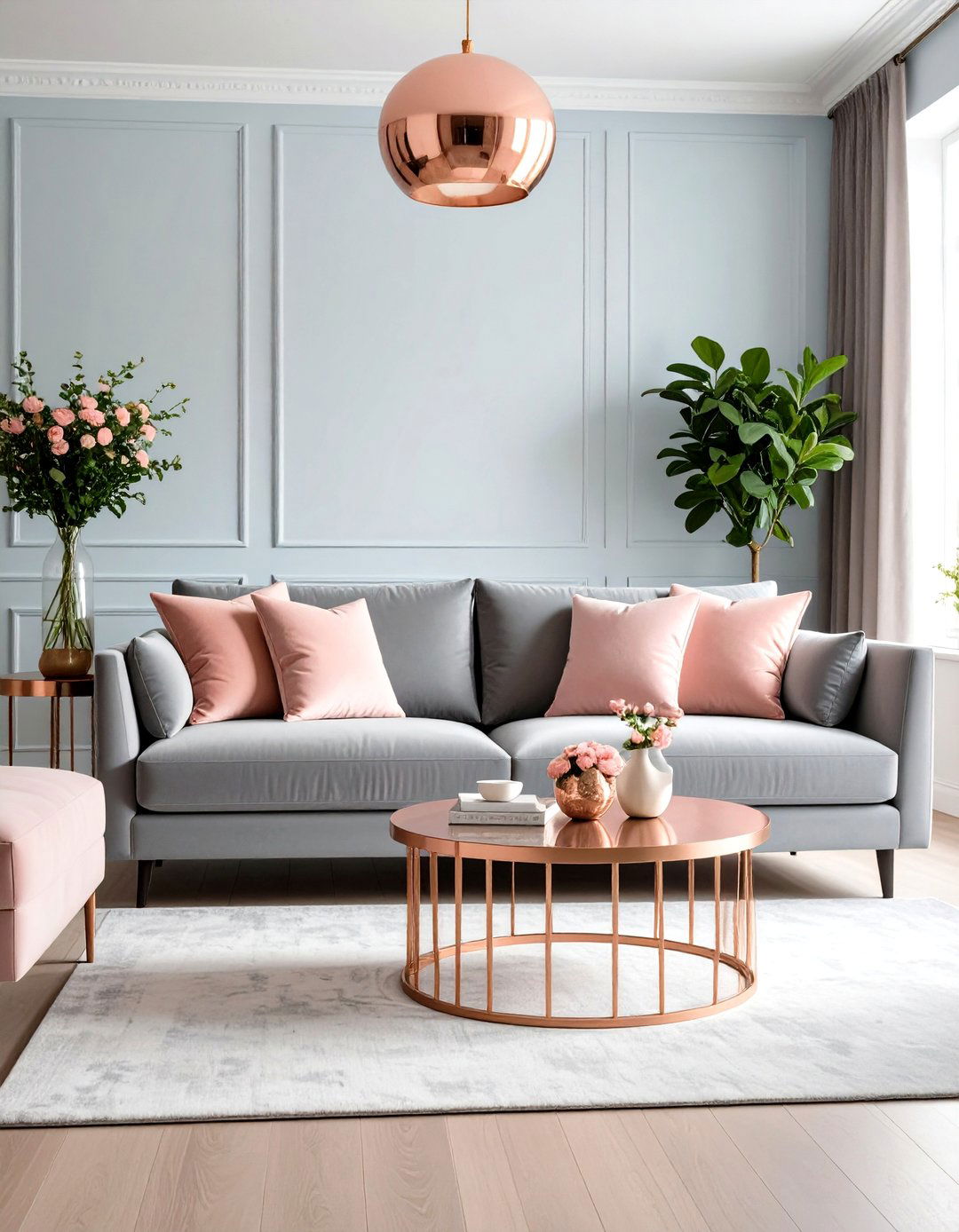 Warmth with Blush Pink Tones - 30 grey sofa living room ideas