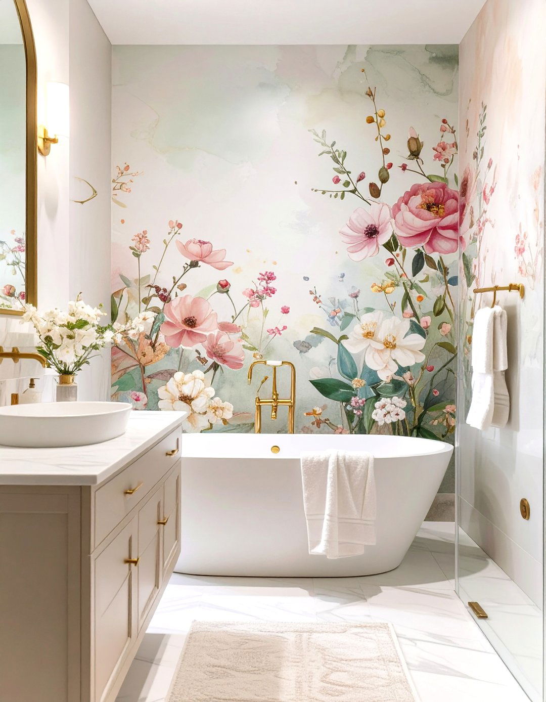 Watercolor Floral Mural Wallpaper - 30 bathroom wallpaper ideas
