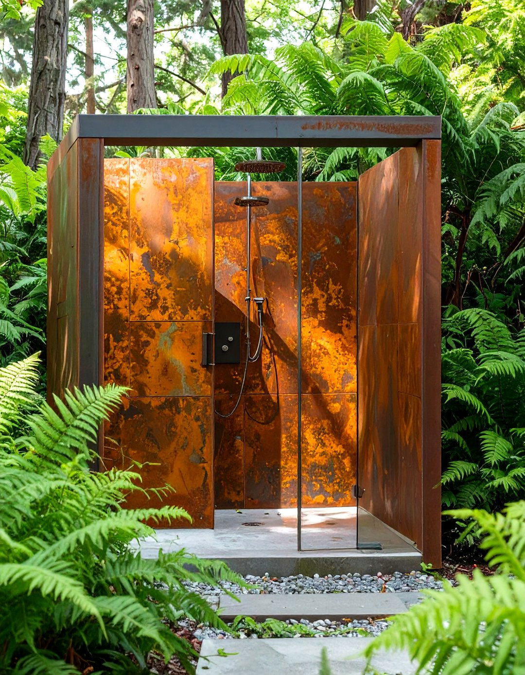 Weathered Steel Panel Enclosure - 30 rustic outdoor shower ideas