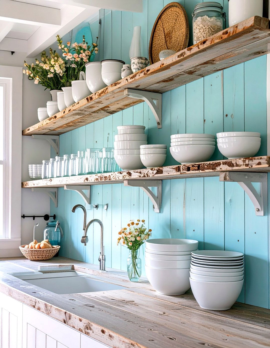 Weathered Wood Open Shelving - 30 seaside coastal kitchen design ideas