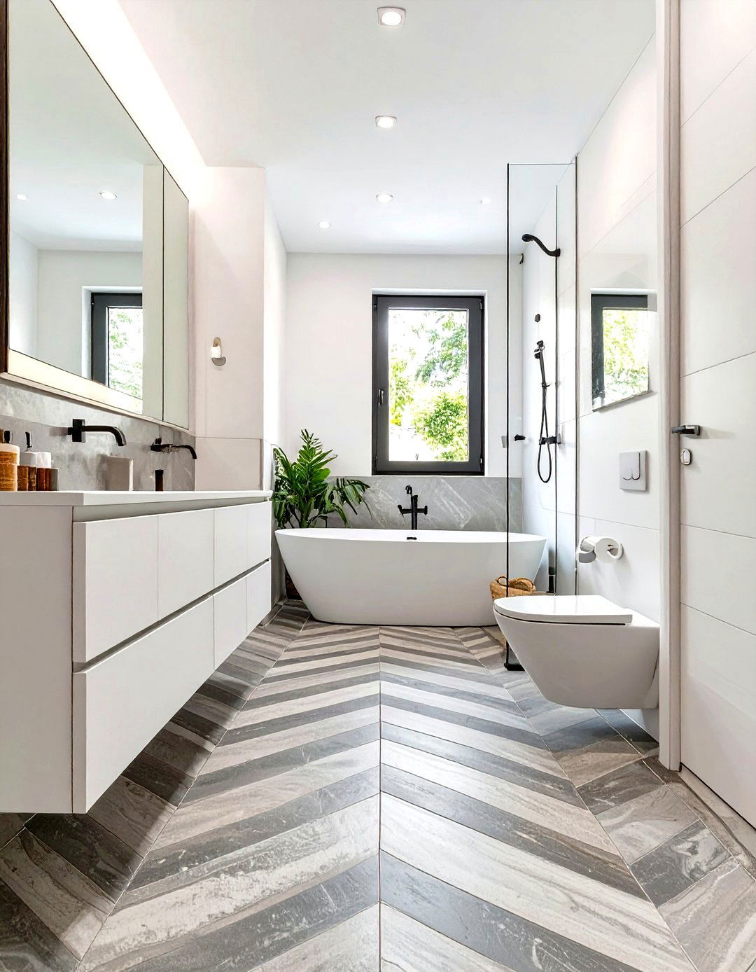 Wet Bathroom with Chevron Tile Pattern - 30 wet bathroom ideas