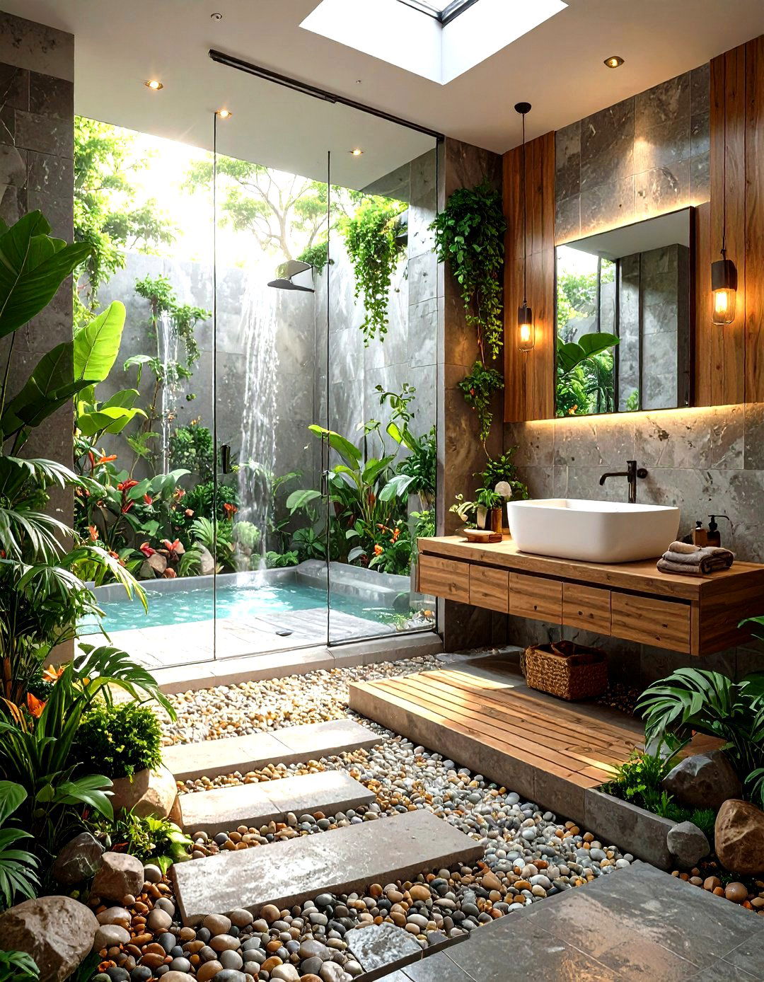 Wet Bathroom with Pebble Tile Flooring - 30 wet bathroom ideas
