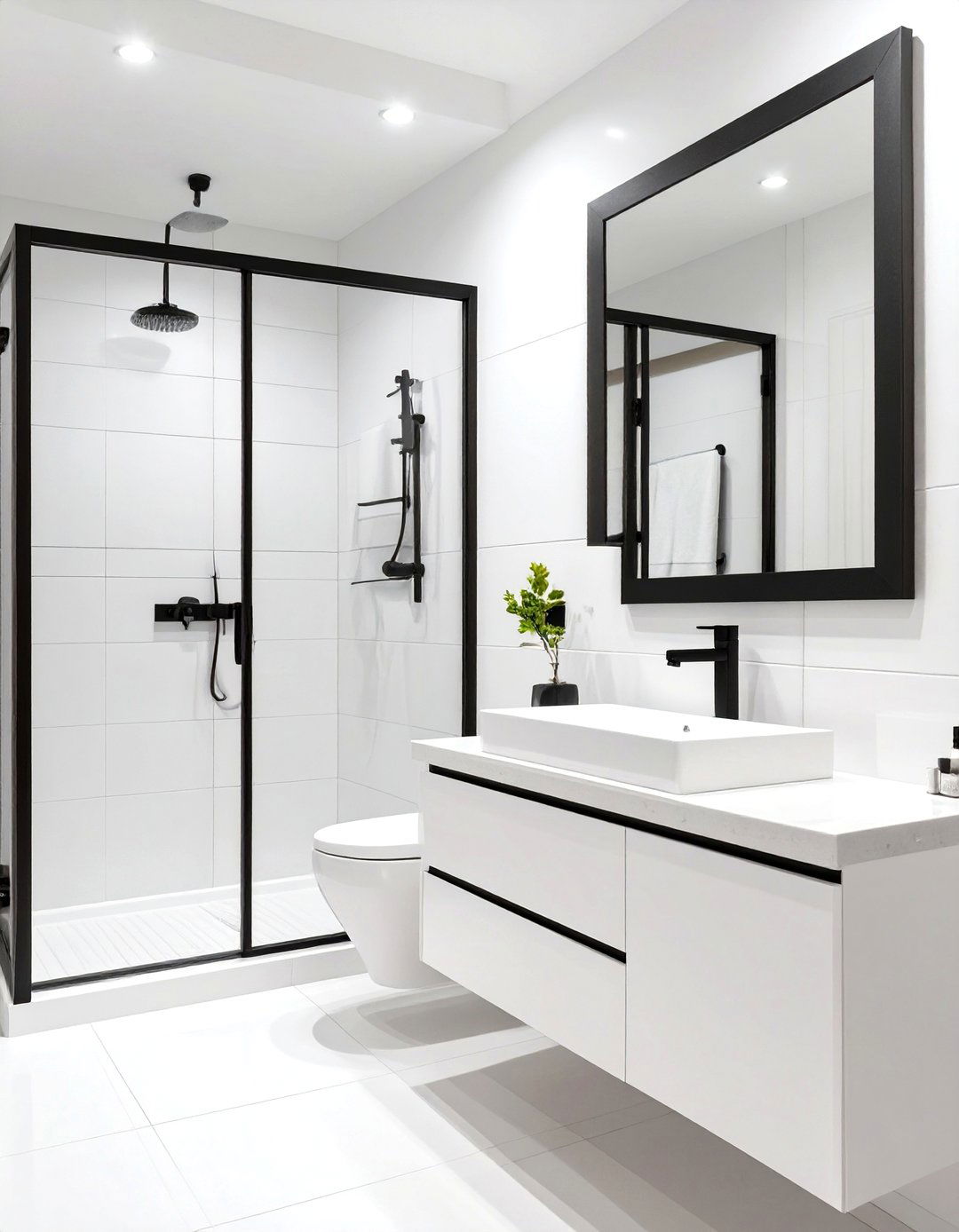 White Bathroom with Black Accents - 30 modern white bathroom ideas