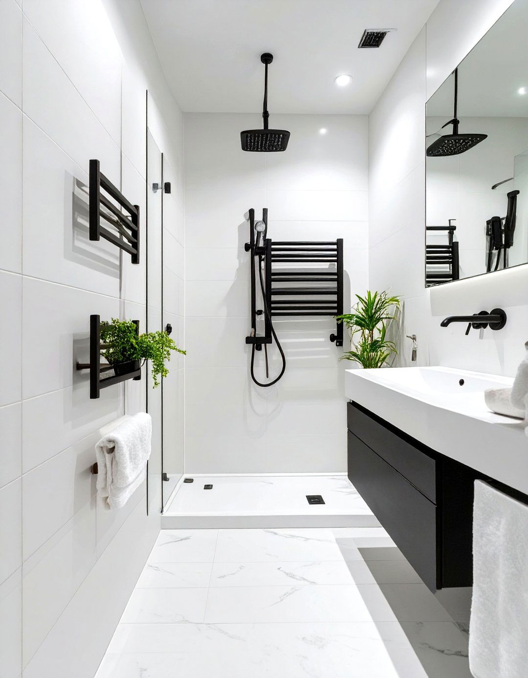 White Bathroom with Black Fixtures - 30 small white bathroom ideas