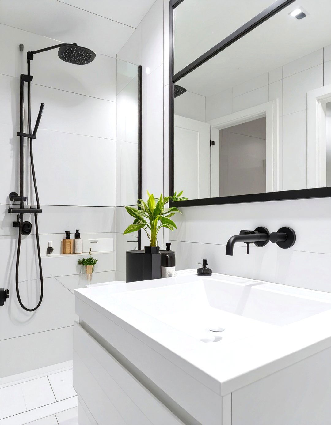 White Bathroom with Black Matte Fixtures - 30 white bathroom ideas