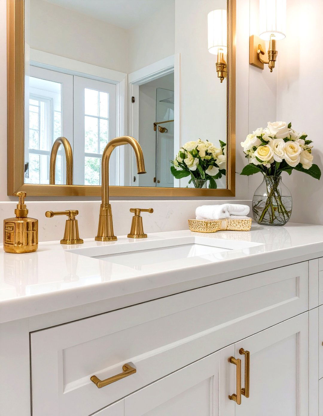 White Bathroom with Brass and Gold Fixtures - 30 white bathroom ideas