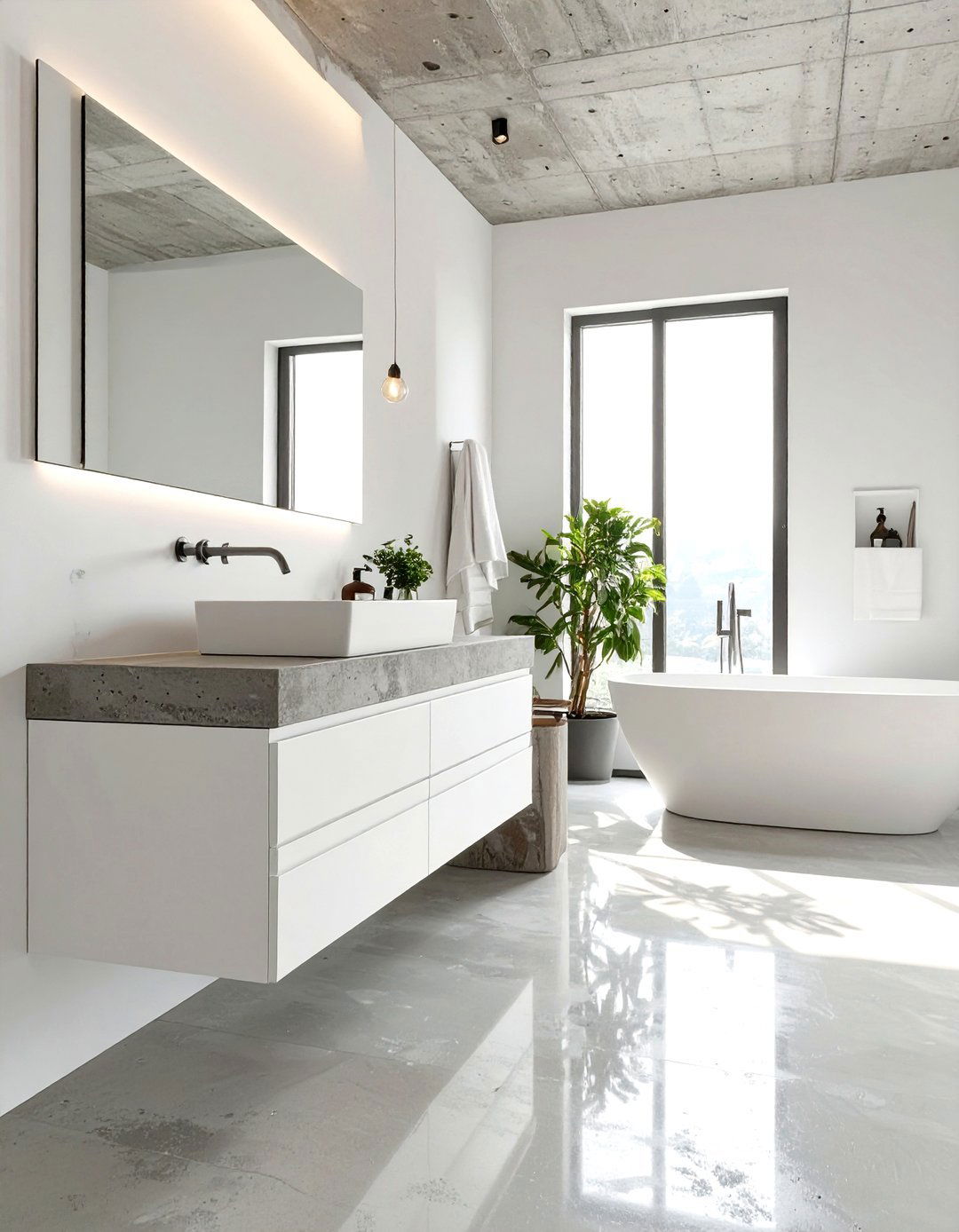 White Bathroom with Concrete Elements - 30 modern white bathroom ideas