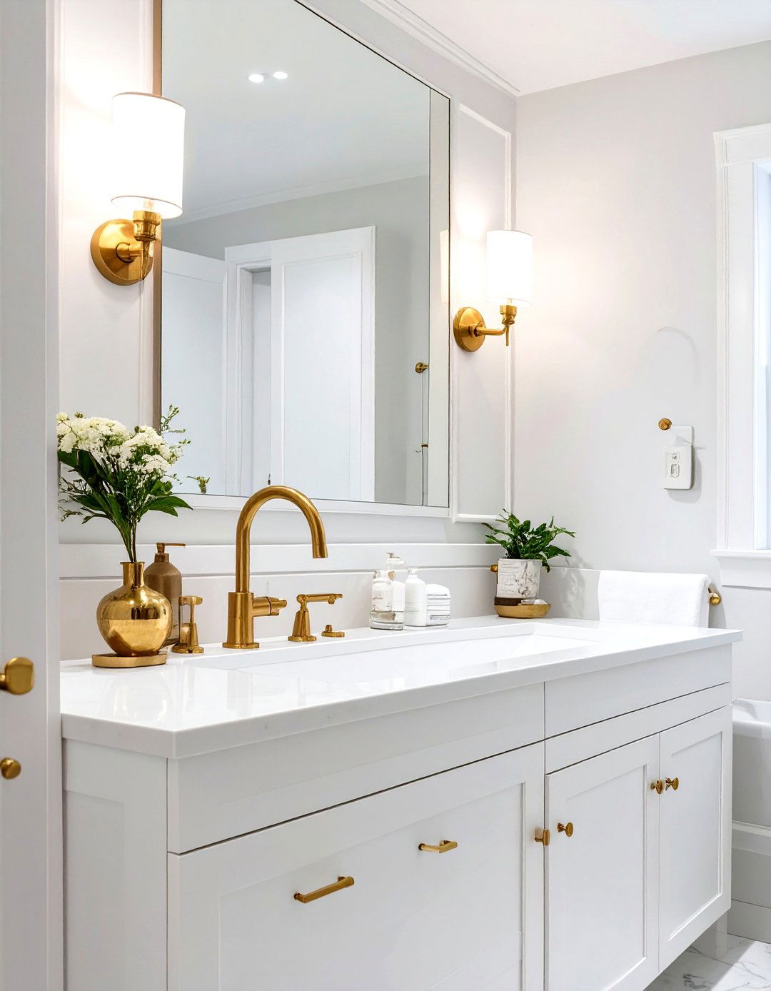 White Bathroom with Gold or Brass Fixtures - 30 small white bathroom ideas