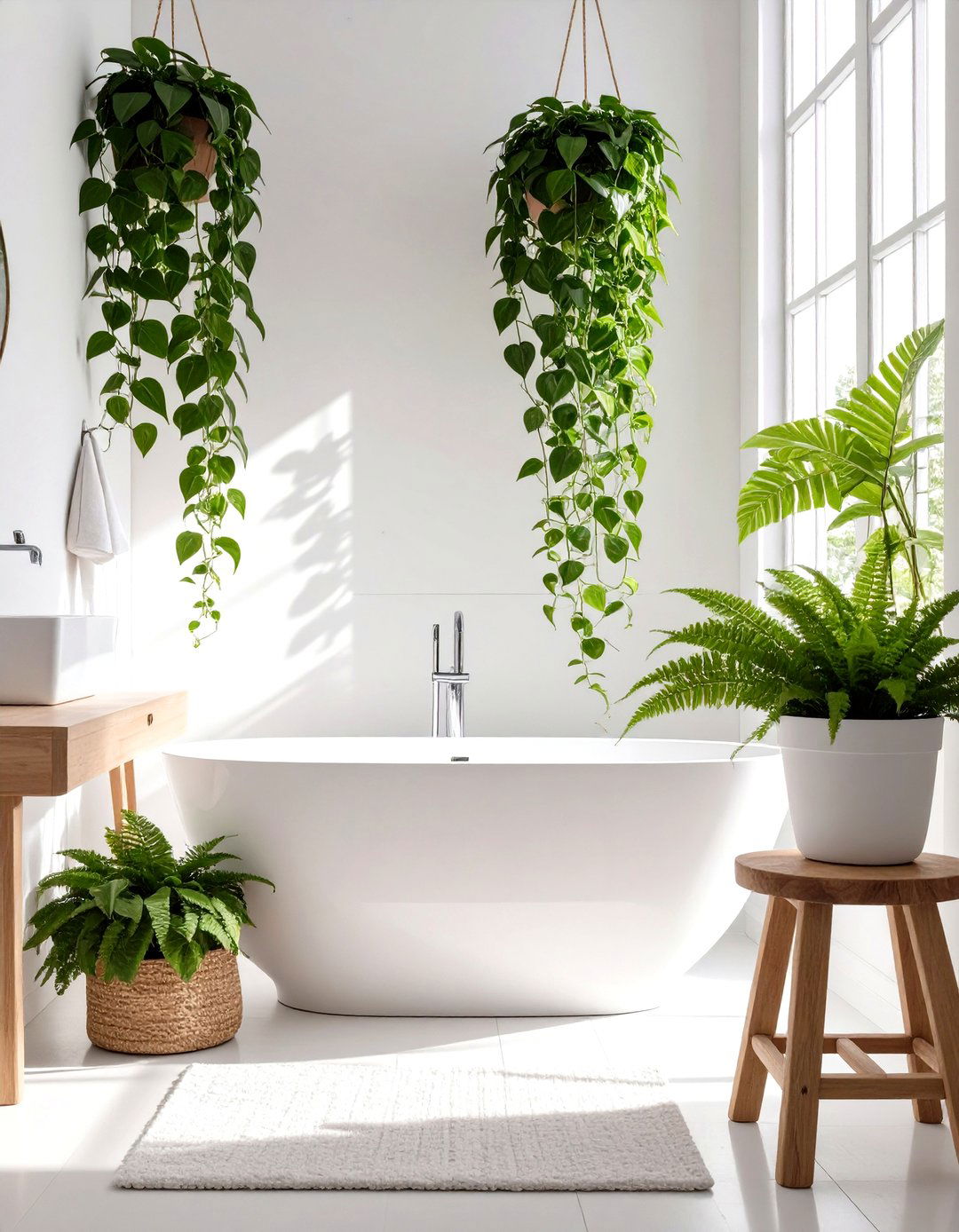 White Bathroom with Indoor Plants - 30 white bathroom ideas