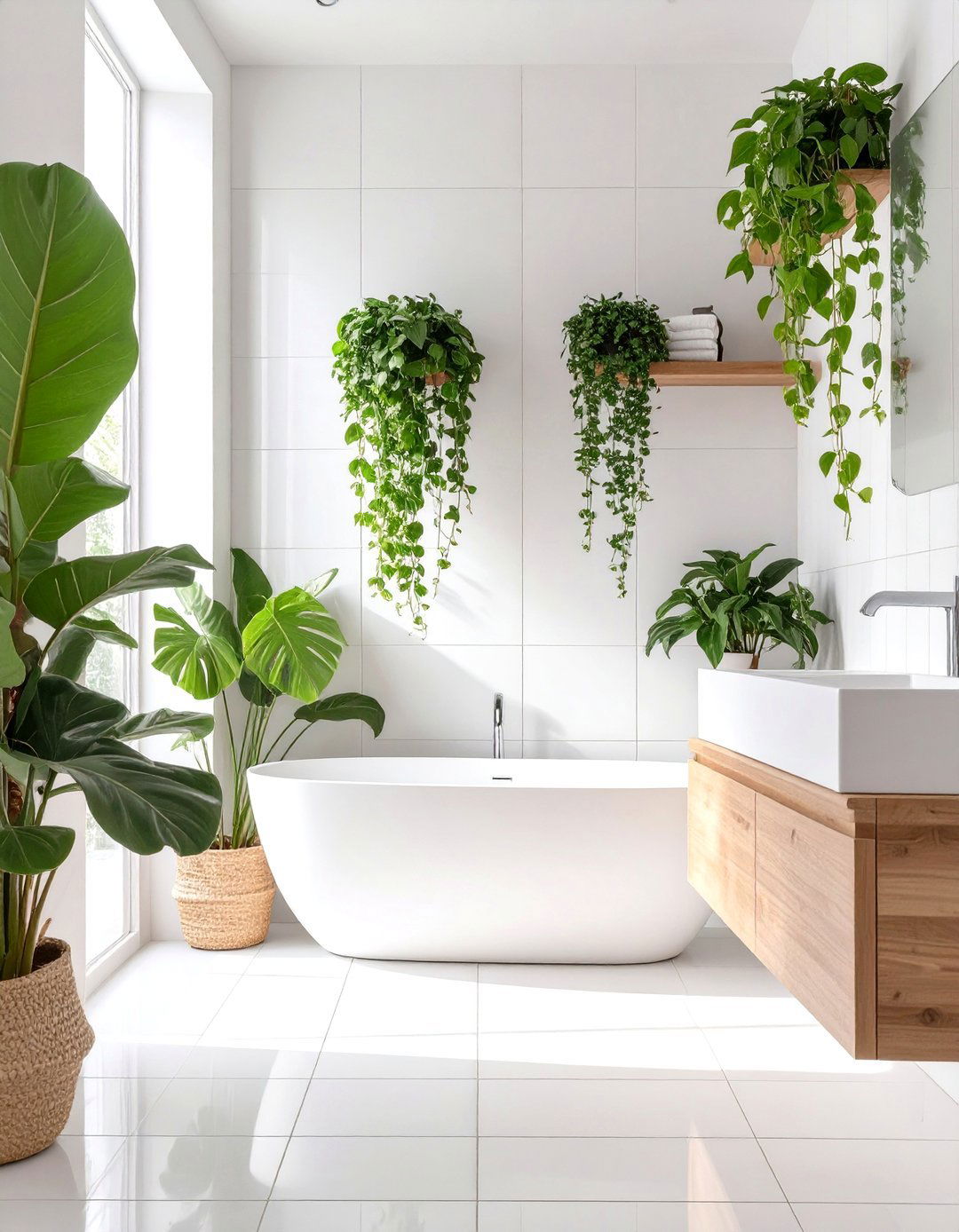 White Bathroom with Indoor Plants - 30 modern white bathroom ideas