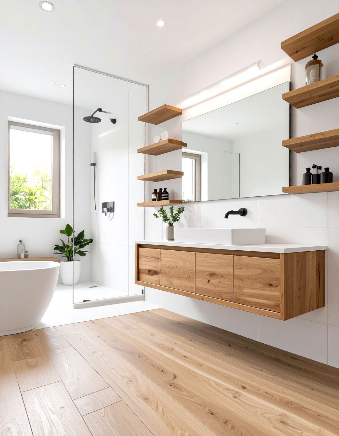 White Bathroom with Natural Wood Accents - 30 white bathroom ideas