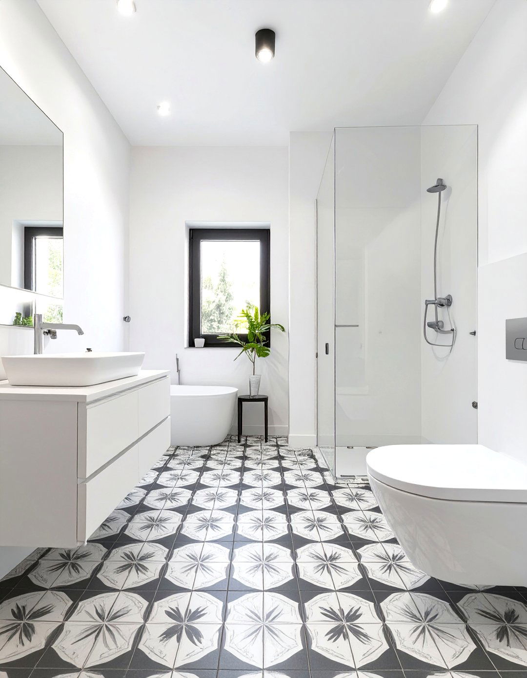 White Bathroom with Patterned Floor Tiles - 30 white bathroom ideas