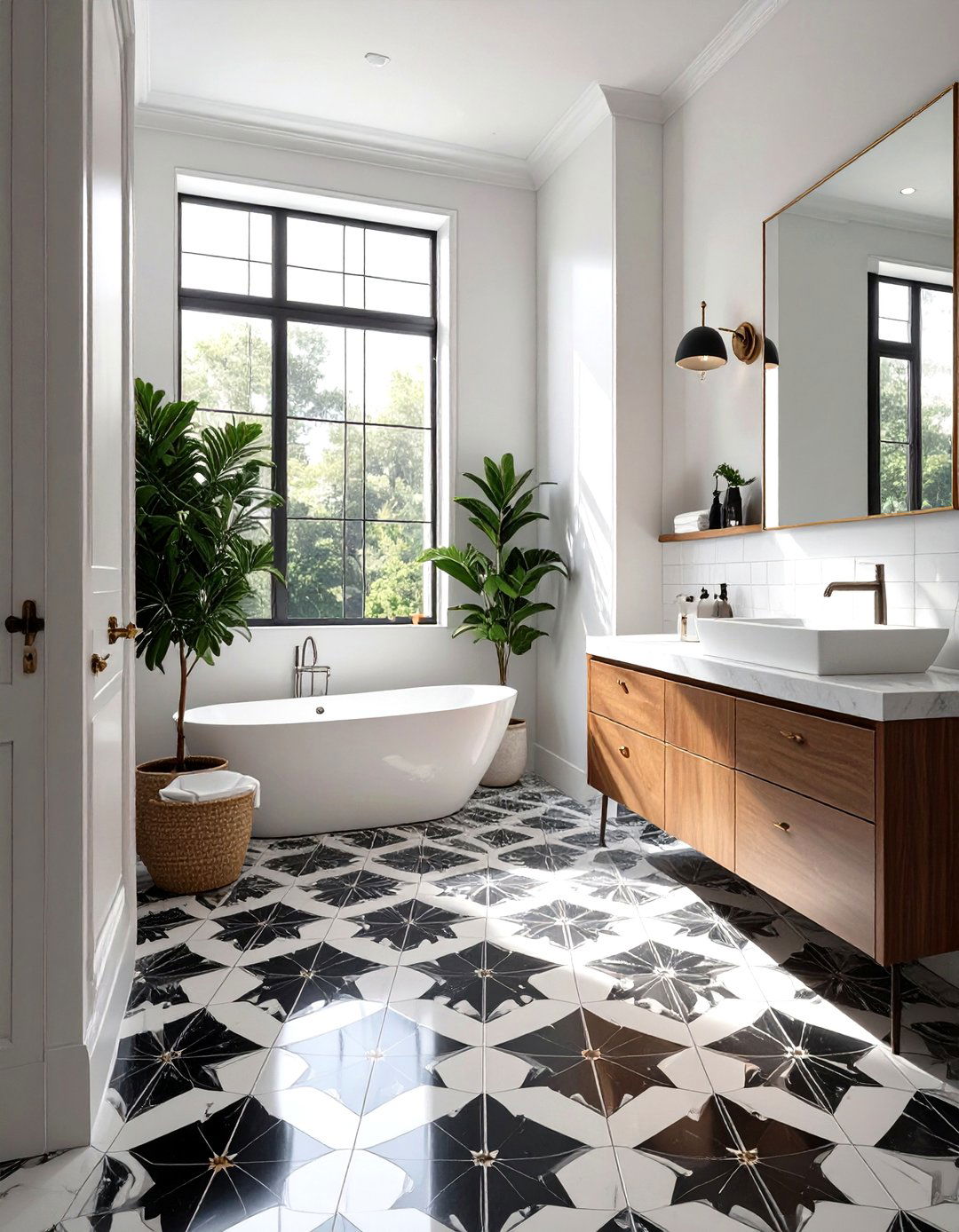 White Bathroom with Patterned Floor Tiles - 30 small white bathroom ideas