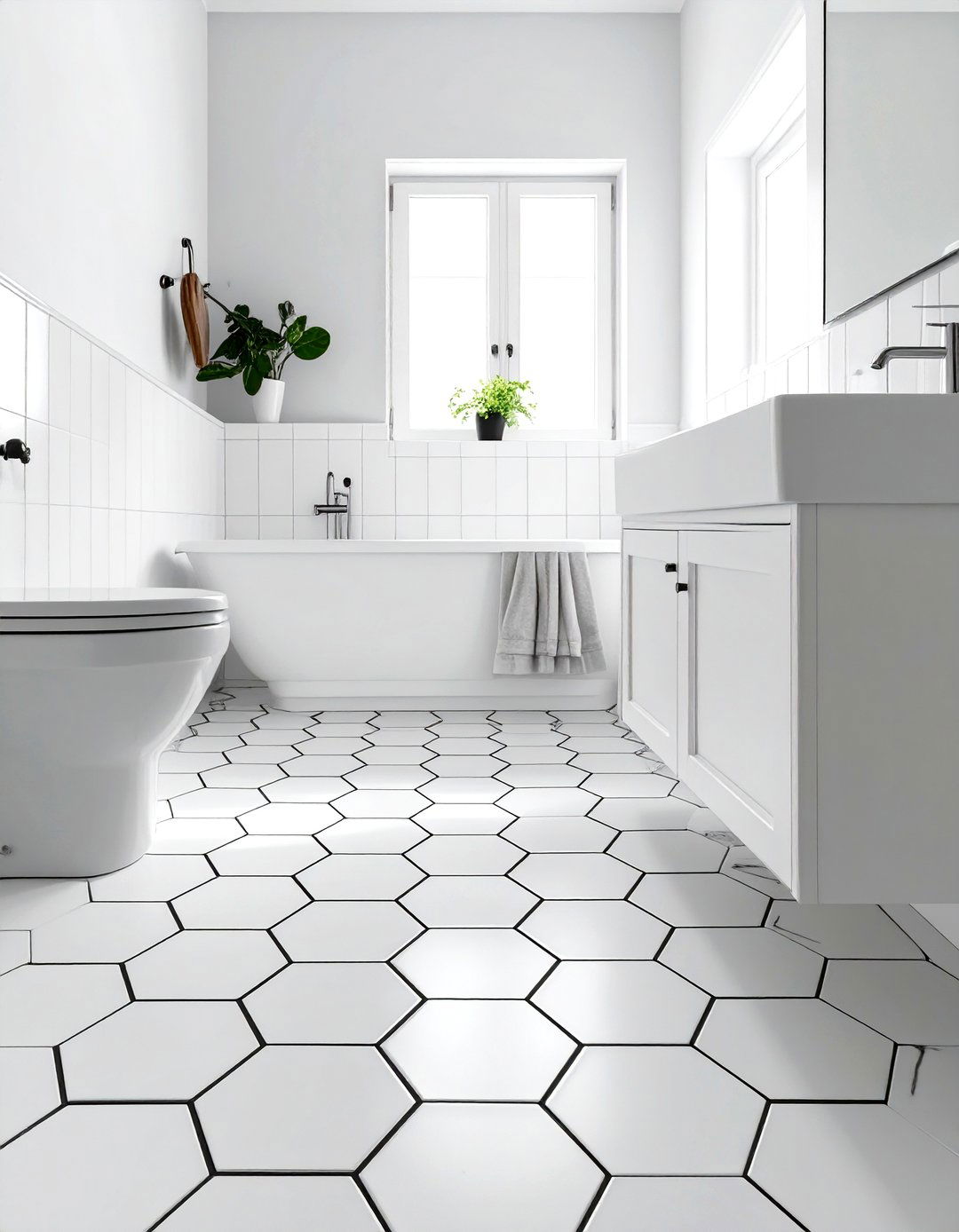 White Bathroom with Penny Tile Floors - 30 white bathroom ideas