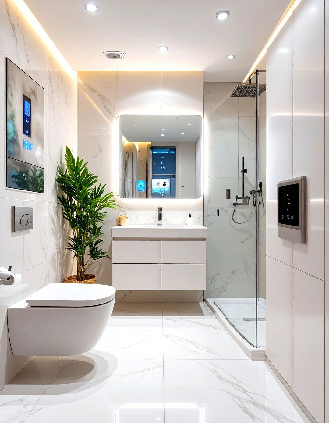 White Bathroom with Smart Technology - 30 modern white bathroom ideas