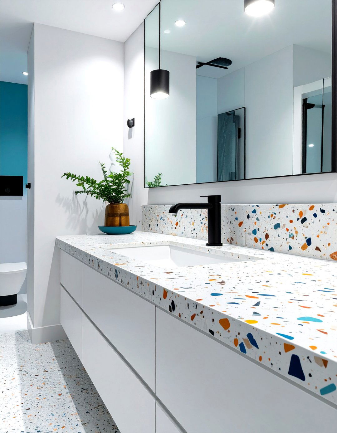White Bathroom with Terrazzo Details - 30 modern white bathroom ideas
