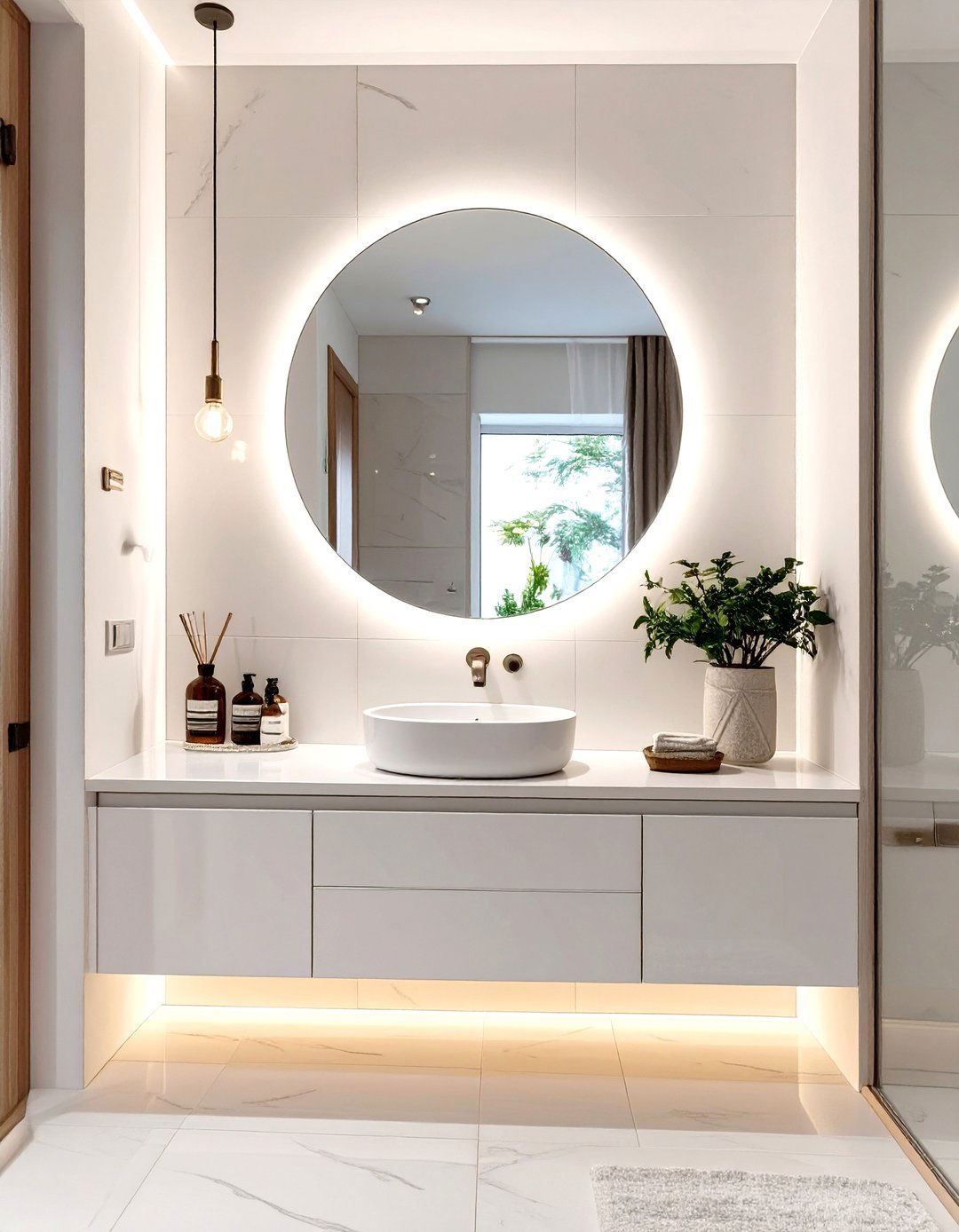 White Bathroom with a Backlit Mirror - 30 modern white bathroom ideas