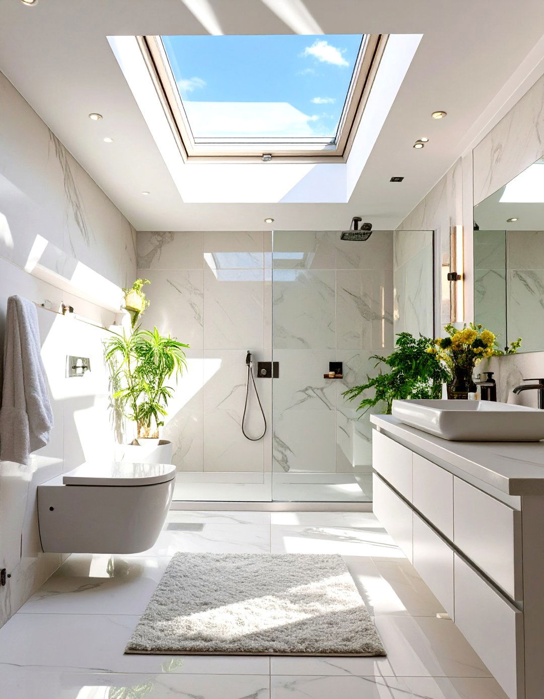 White Bathroom with a Skylight - 30 white bathroom ideas