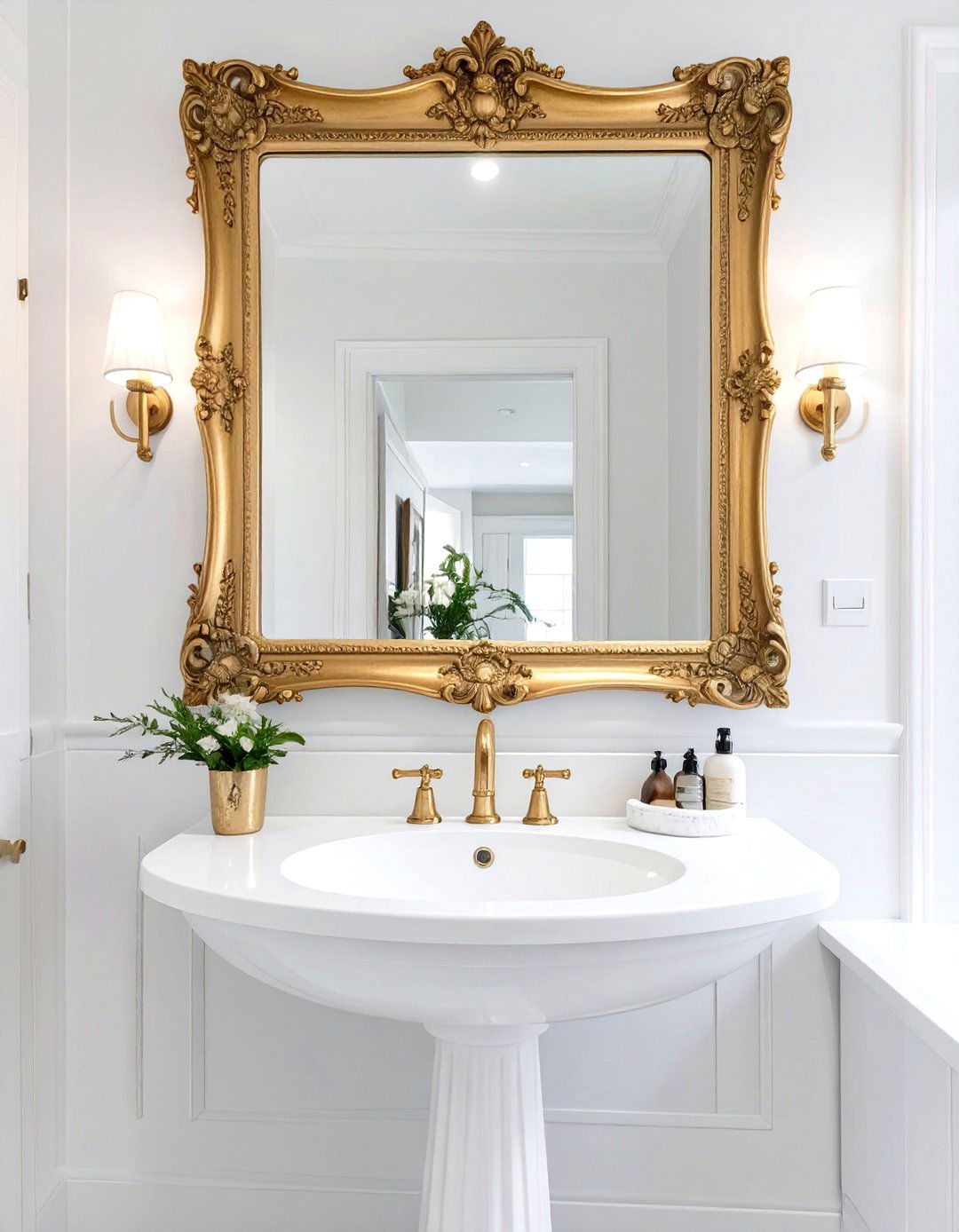 White Bathroom with a Statement Mirror - 30 white bathroom ideas