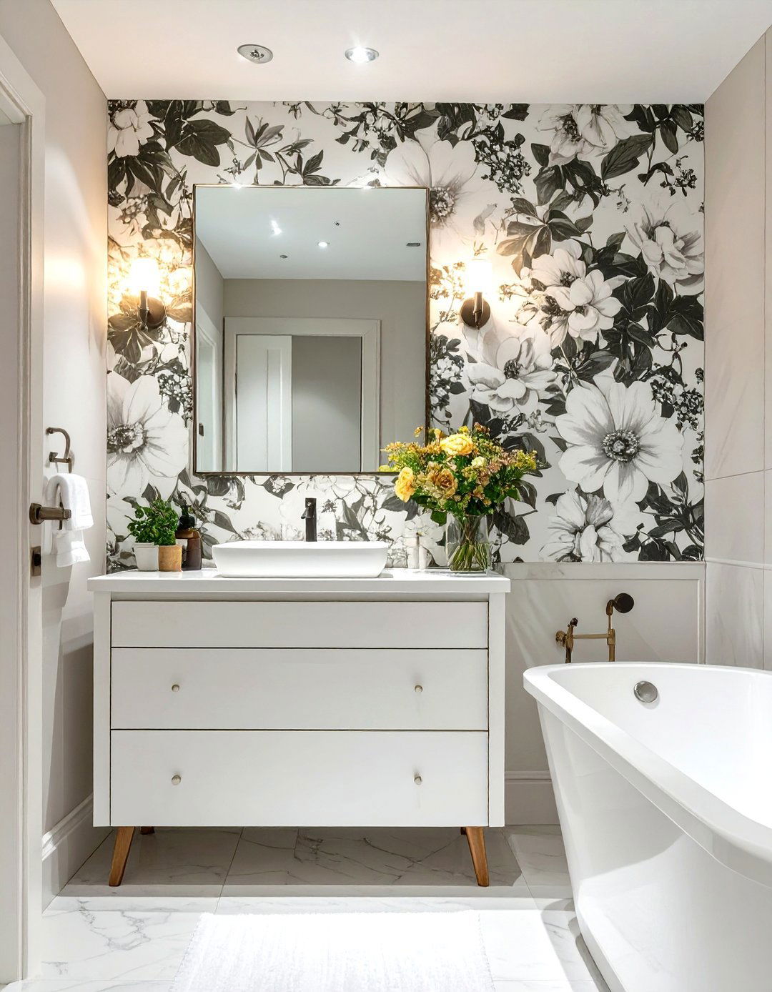 White Bathroom with an Accent Wall - 30 modern white bathroom ideas