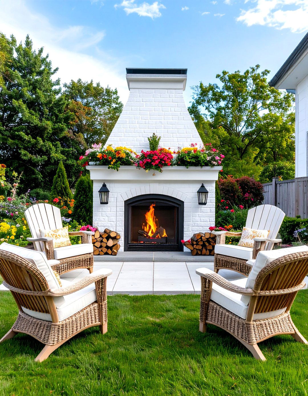 White Brick Patio Fireplace with Wood Storage - 30 patio fireplace ideas