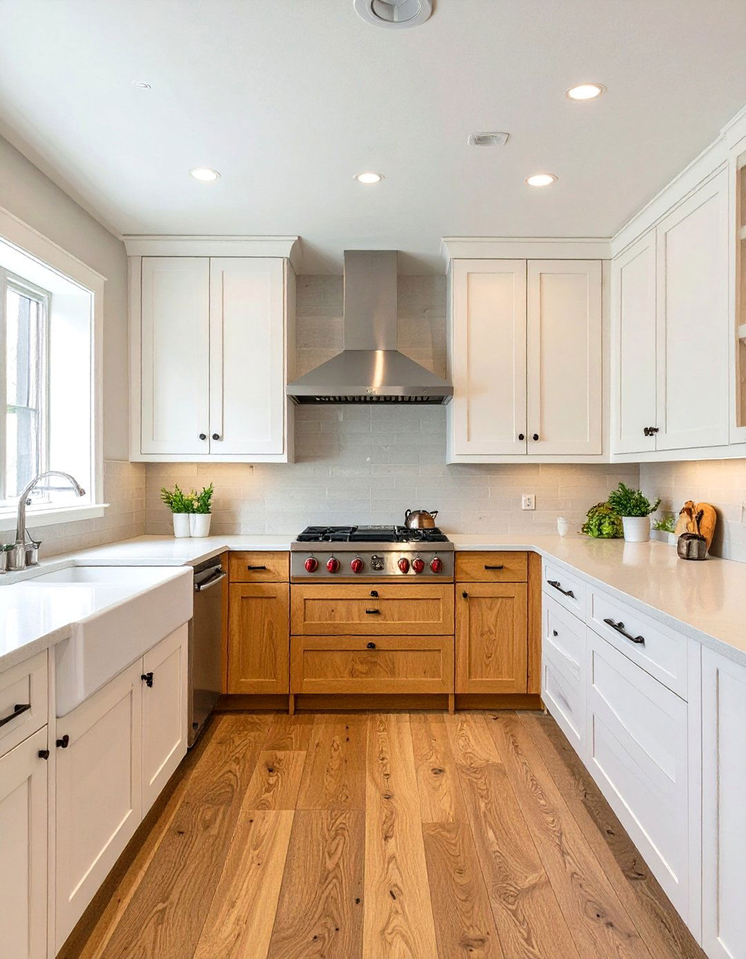 White Cabinets Framing a Central Section of Wood Cabinets - 30 two tone kitchen cabinet ideas