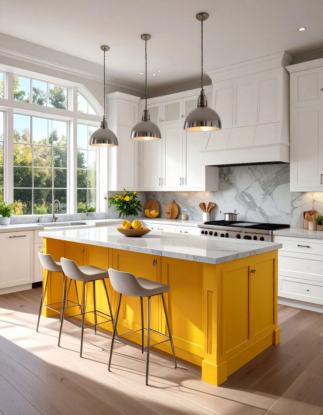 White Cabinets with a Bright Yellow Island - 30 two tone painted kitchen cabinet ideas