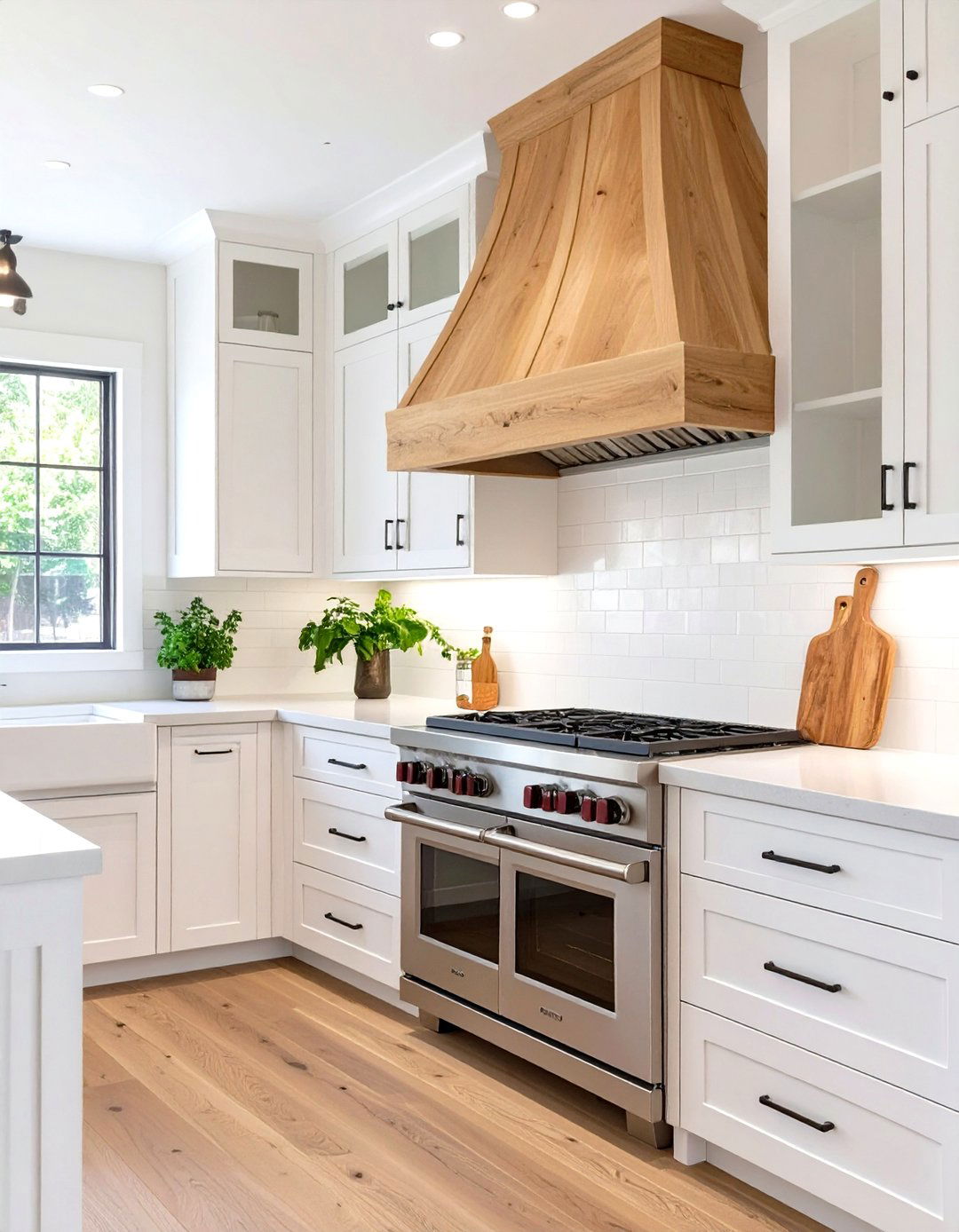 White Cabinets with a Contrasting Wood Range Hood Cover - 30 two tone kitchen cabinet ideas