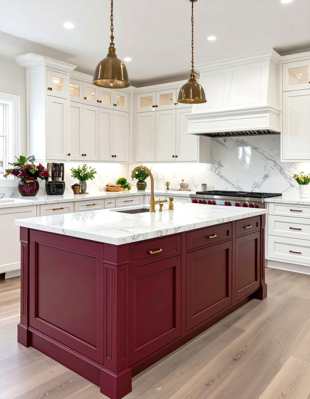 White Cabinets with a Rich Burgundy Island