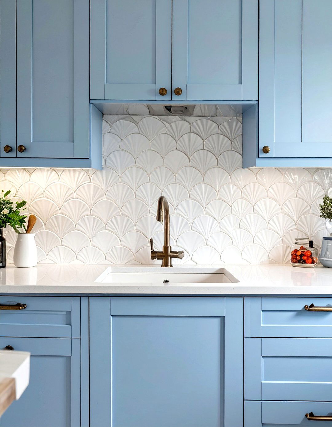 White Fish Scale Tile Backsplash - 30 white backsplash ideas
