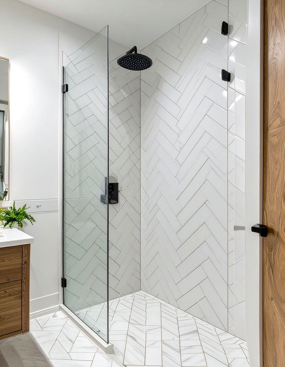 White Herringbone Pattern Shower Tile - 30 white shower tile ideas