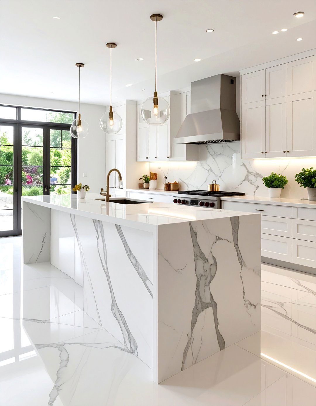 White Kitchen with a Waterfall Island - 30 all white kitchen ideas
