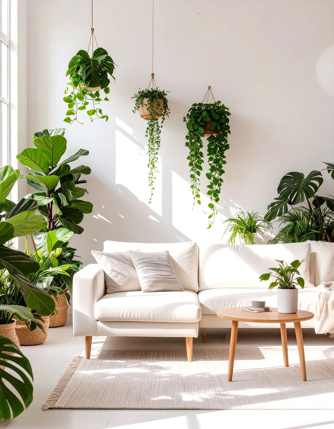 White Living Room with Abundant Greenery - 30 white living room ideas