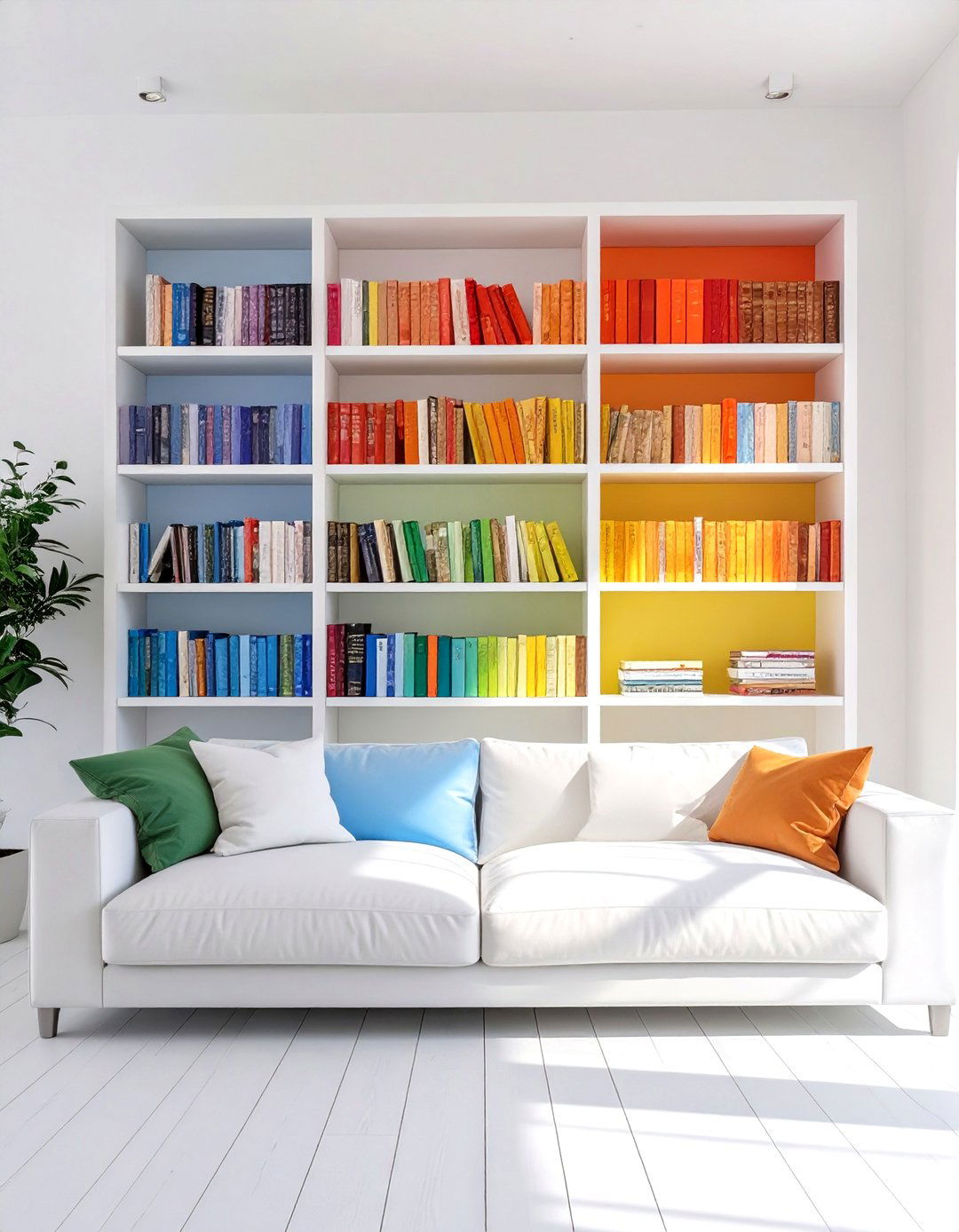 White Living Room with Colorful Bookshelves - 30 white living room ideas