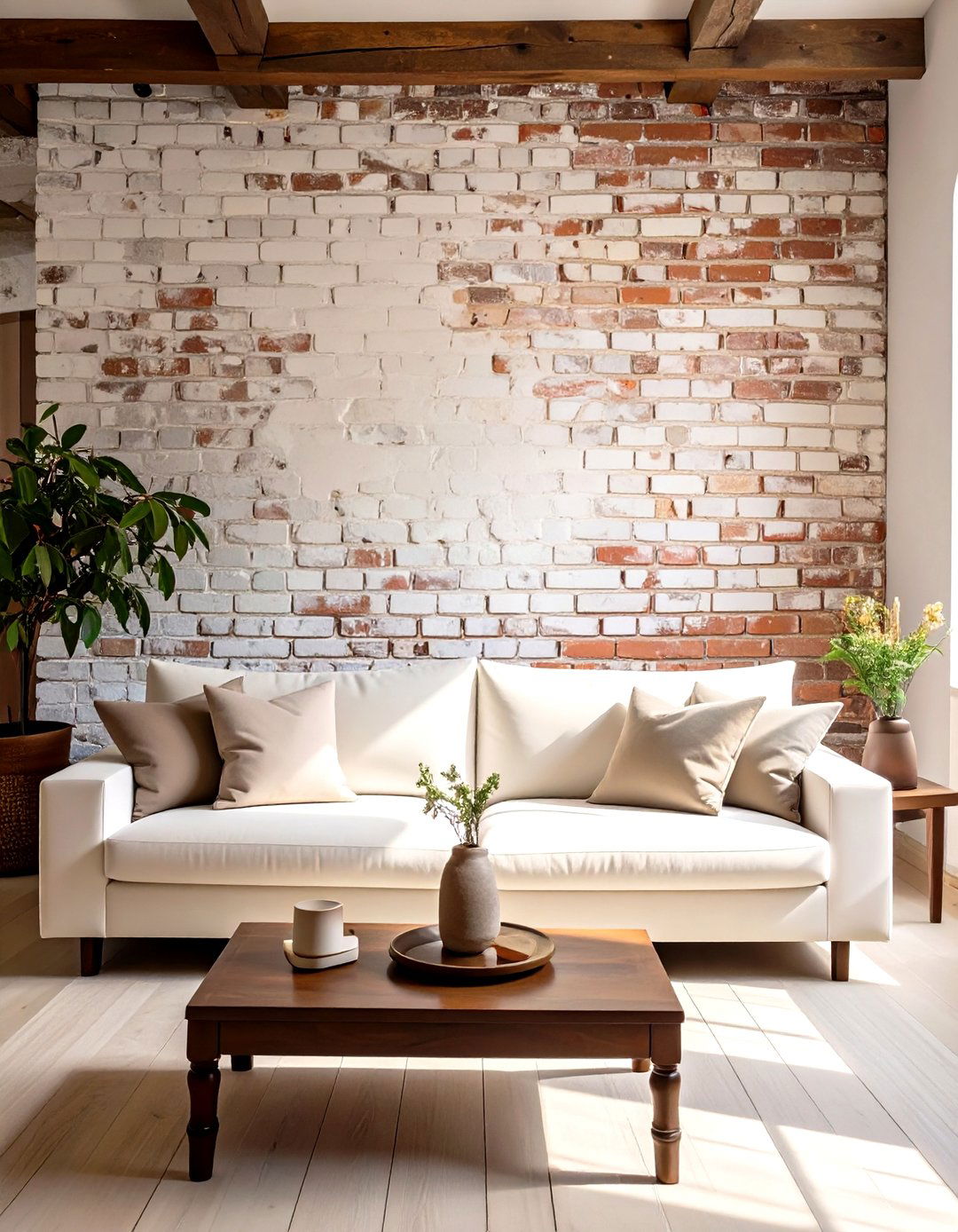 White Living Room with Exposed Brick - 30 white living room ideas