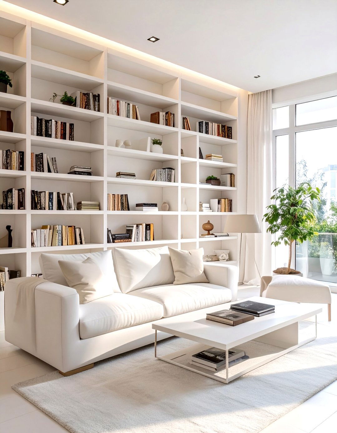 White Living Room with Integrated Shelving - 30 white living room ideas