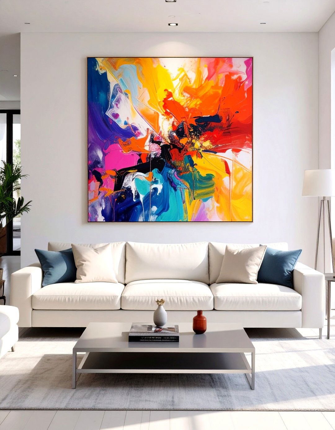 White Living Room with Large Scale Art - 30 white living room ideas