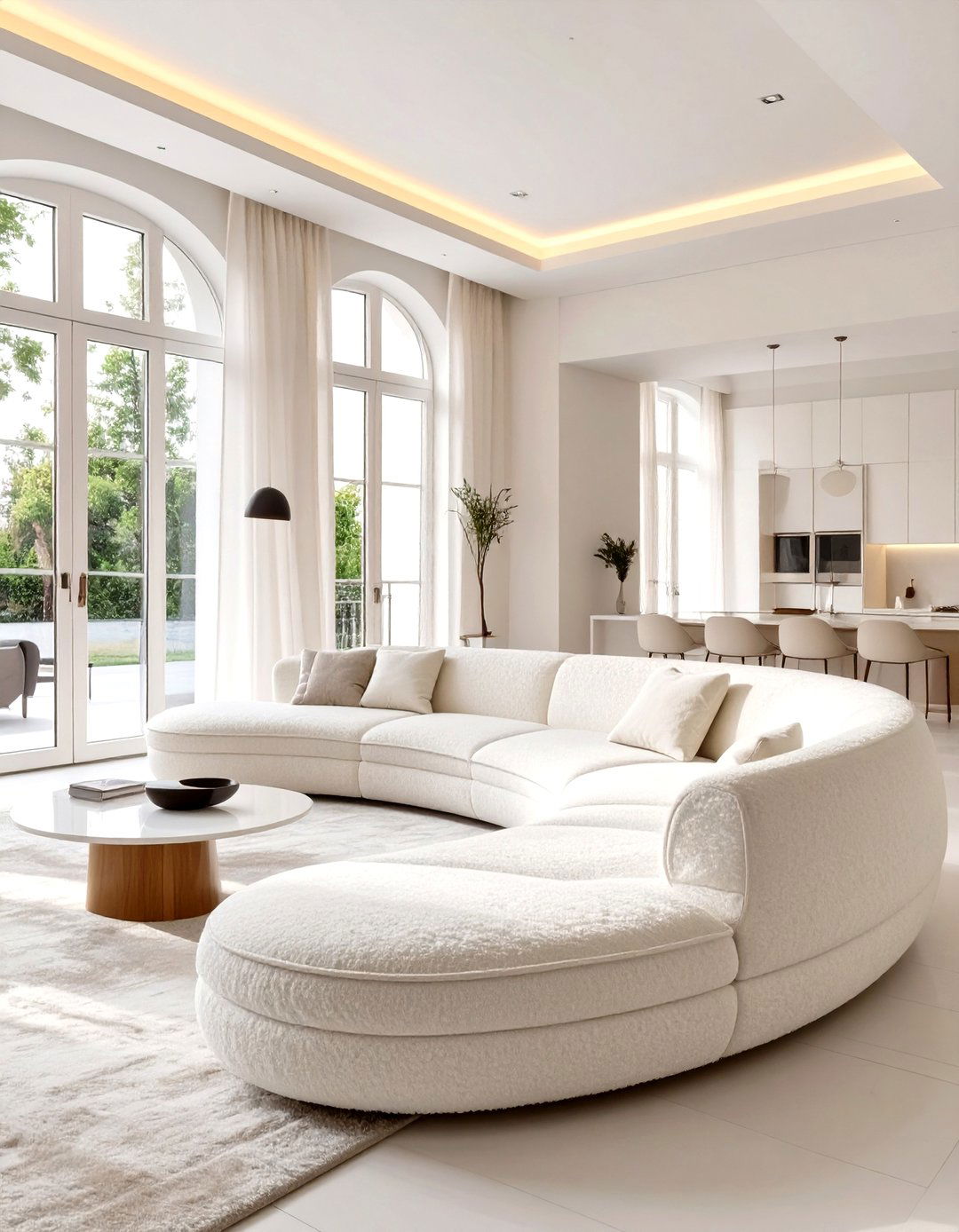 White Living Room with a Curved Sofa - 30 white living room ideas
